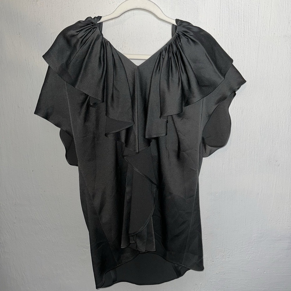 BCBG MaxAzria Runway Women's Top Sz M Dressy Back Flutter Sleeve Green/Gray